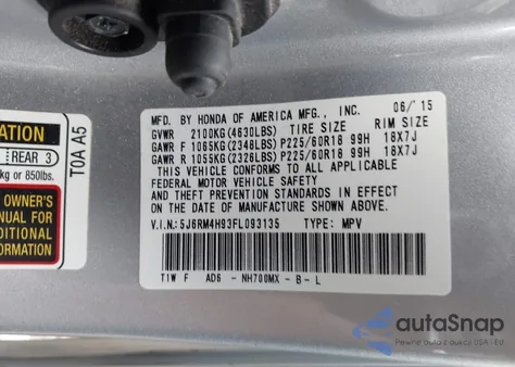 2015 Honda Cr-V Touring from USA, damaged, VIN 5J6RM4H93FL093135